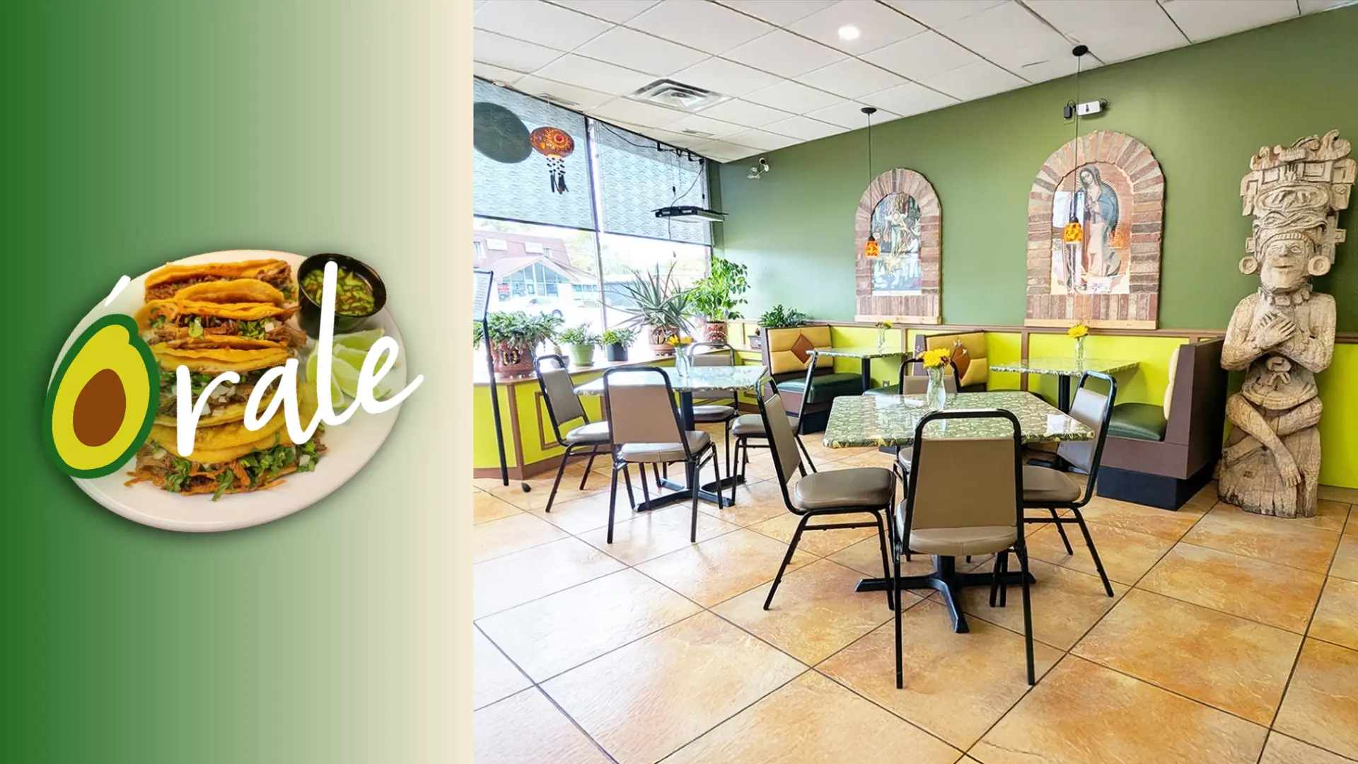 Órale Mexican Restaurant dining area with green walls, Mayan statue, and tacos logo on avocado background