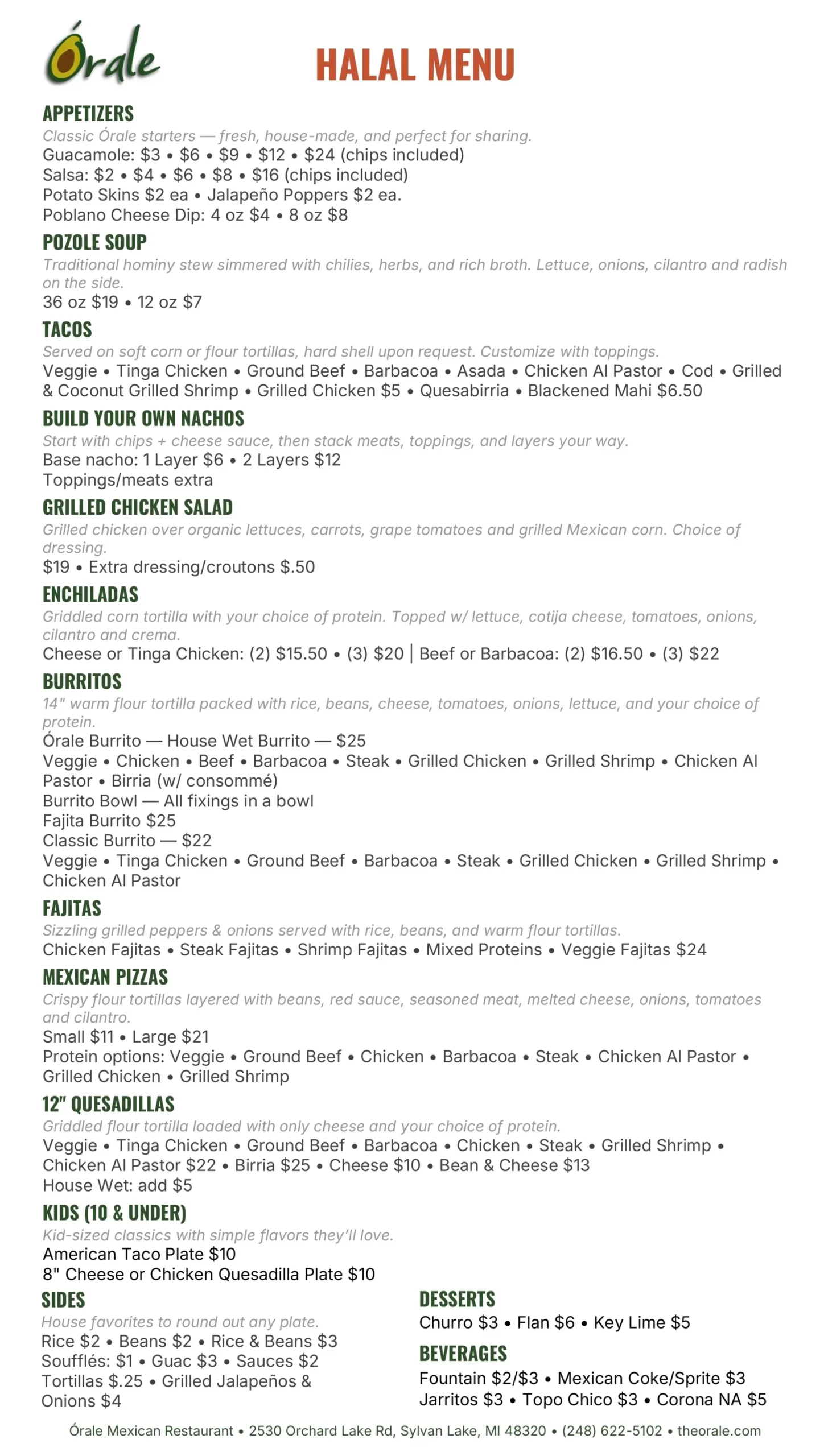 Órale Halal Menu showing appetizers, tacos, Mexican Pizzas, and enchiladas.