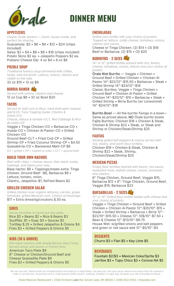 Órale Menu showing appetizers, tacos, burritos, enchiladas, and more.